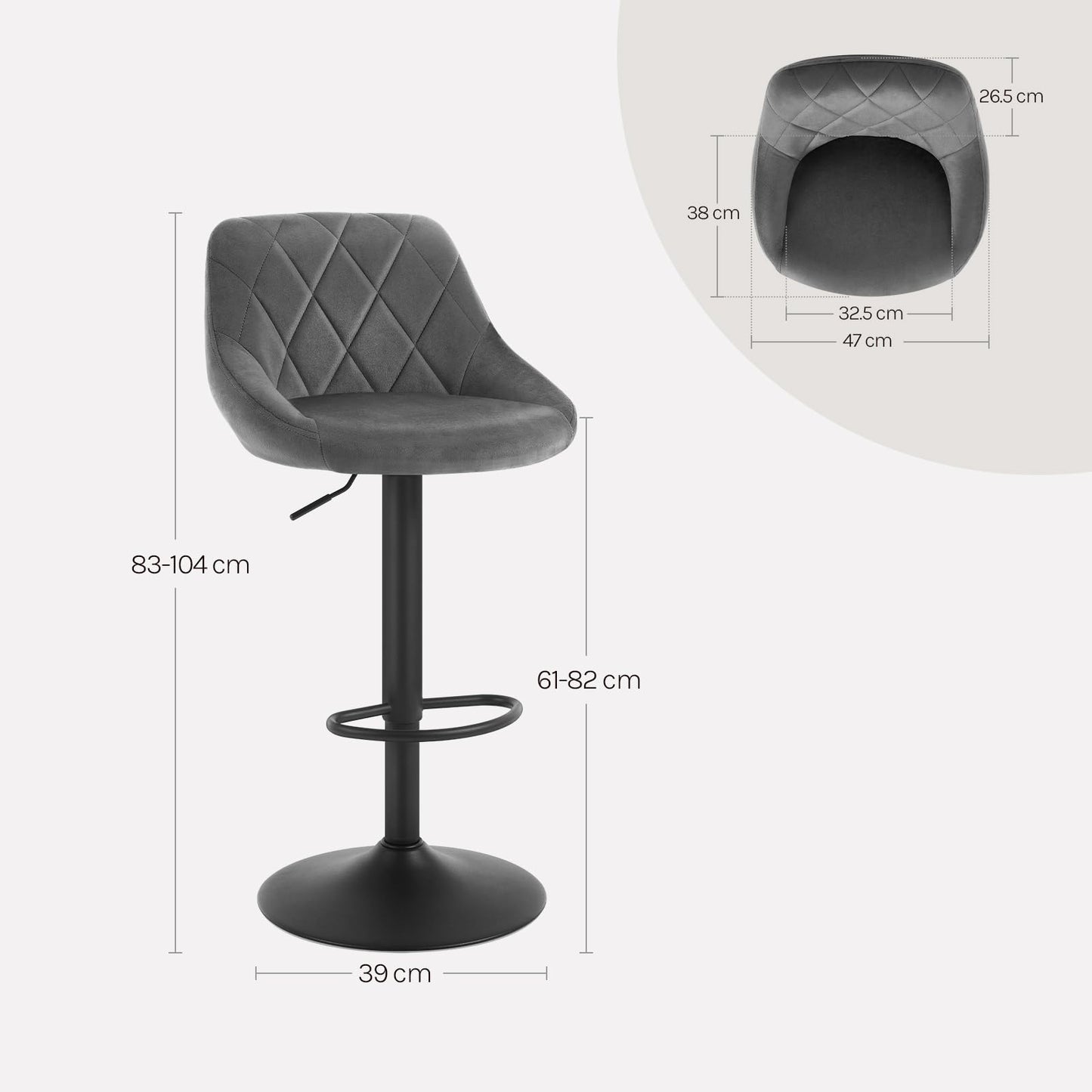 Barhocker 2er Set – Samt, Verstellbar, Drehbar, Mit Lehne, Dunkelgrau