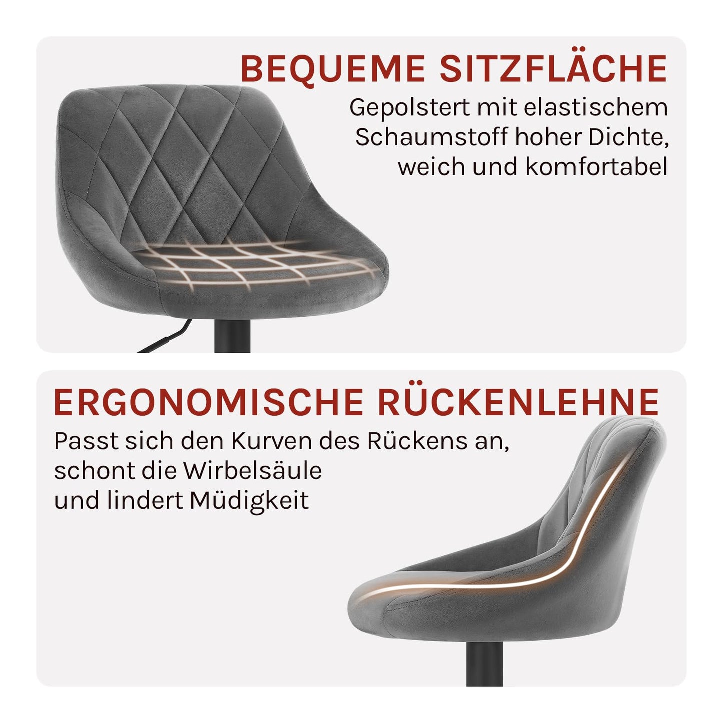 Barhocker 2er Set – Samt, Verstellbar, Drehbar, Mit Lehne, Dunkelgrau