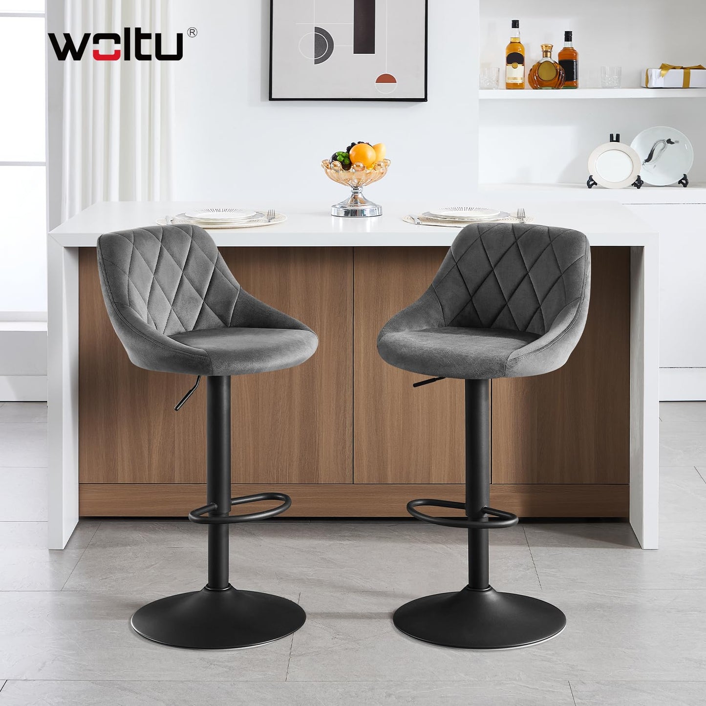 Barhocker 2er Set – Samt, Verstellbar, Drehbar, Mit Lehne, Dunkelgrau