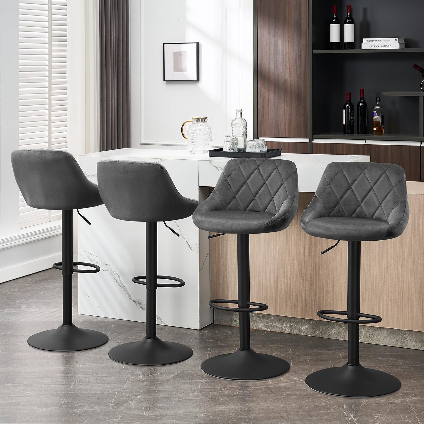 Barhocker 2er Set – Samt, Verstellbar, Drehbar, Mit Lehne, Dunkelgrau