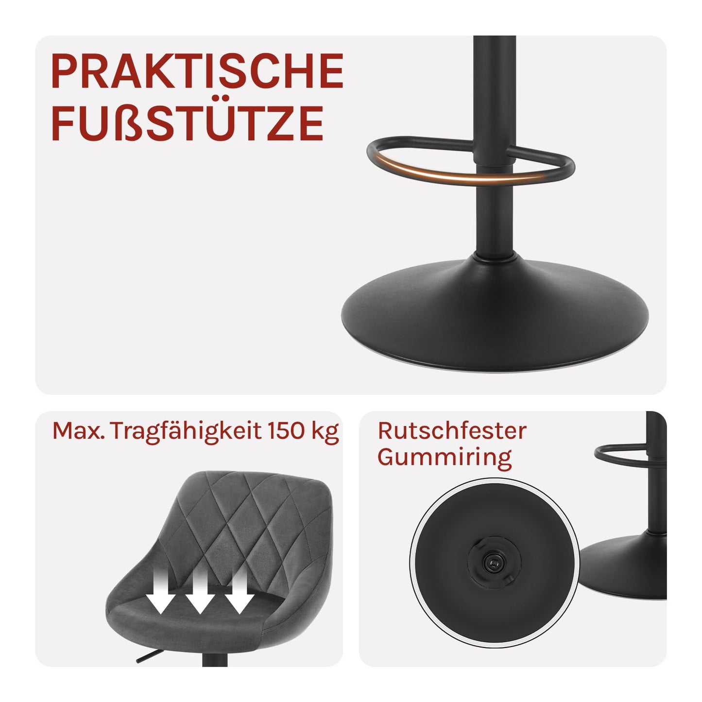 Barhocker 2er Set – Samt, Verstellbar, Drehbar, Mit Lehne, Dunkelgrau
