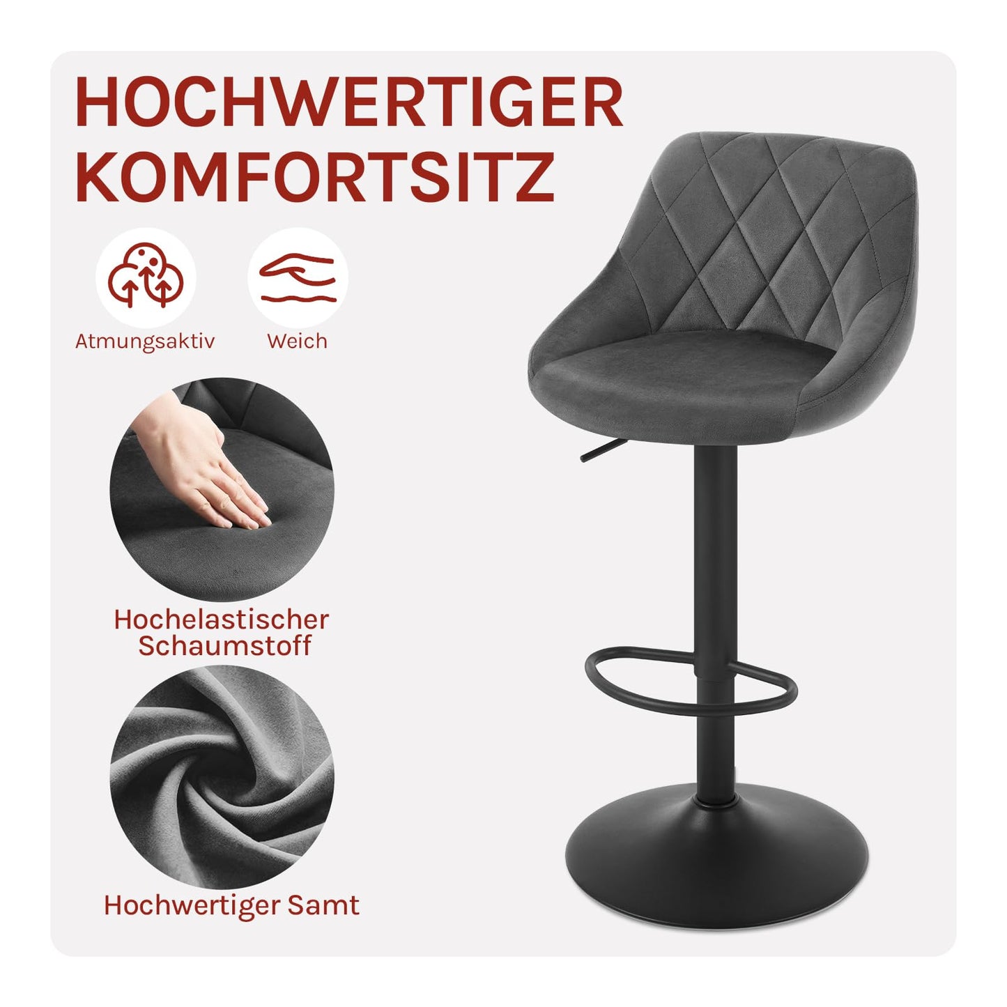 Barhocker 2er Set – Samt, Verstellbar, Drehbar, Mit Lehne, Dunkelgrau