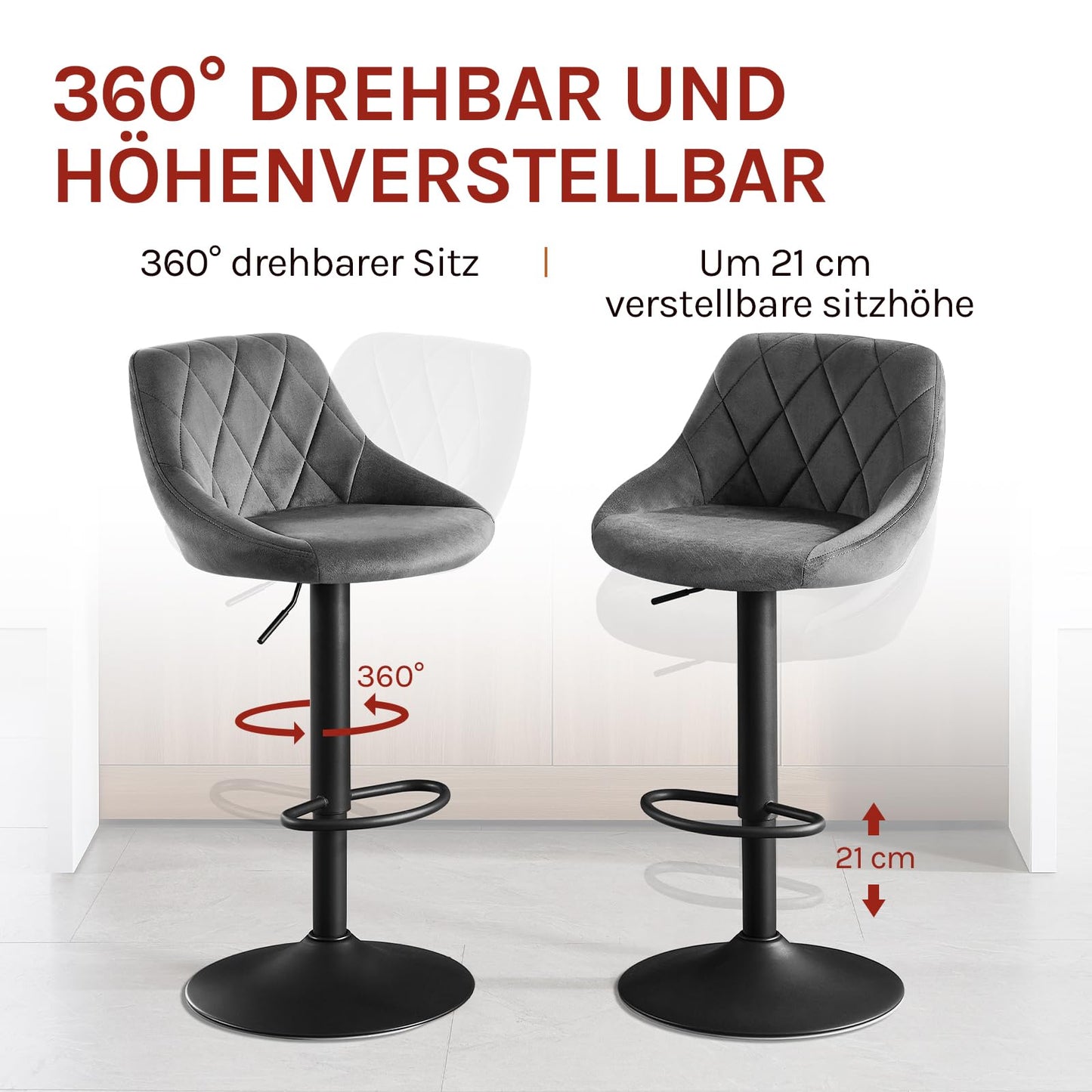 Barhocker 2er Set – Samt, Verstellbar, Drehbar, Mit Lehne, Dunkelgrau